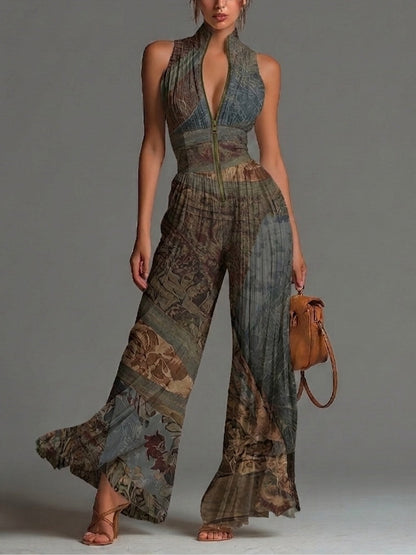 Camille™ | Fluid, pleated jumpsuit with bohemian print