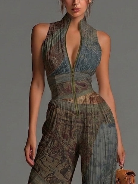 Camille™ | Fluid, pleated jumpsuit with bohemian print
