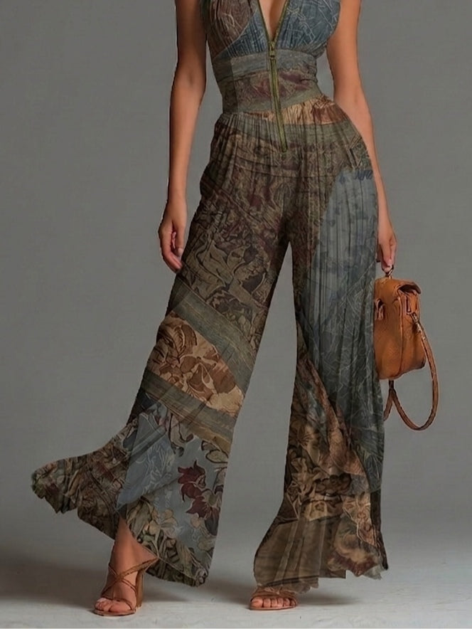 Camille™ | Fluid, pleated jumpsuit with bohemian print