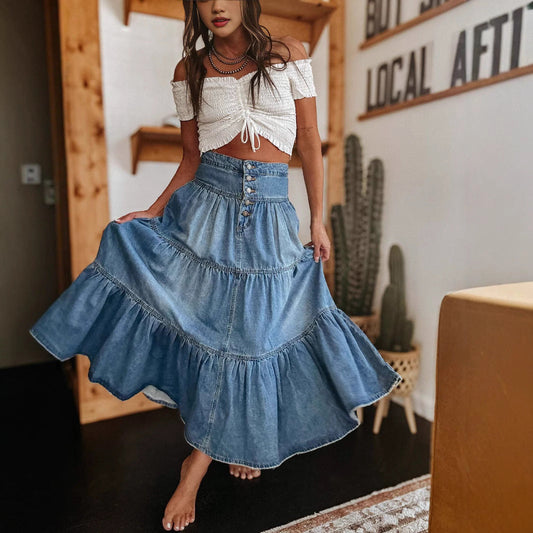 Women's Denim Tiered Maxi Skirt with Button Front and Raw Hem