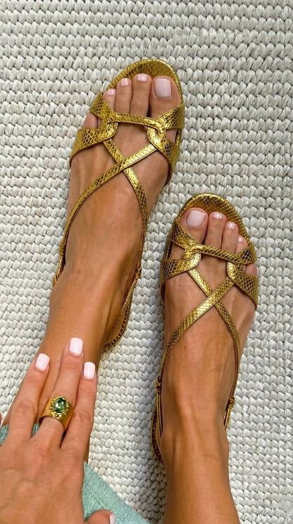Bronze snake-effect low-heeled open-toe slingback sandals