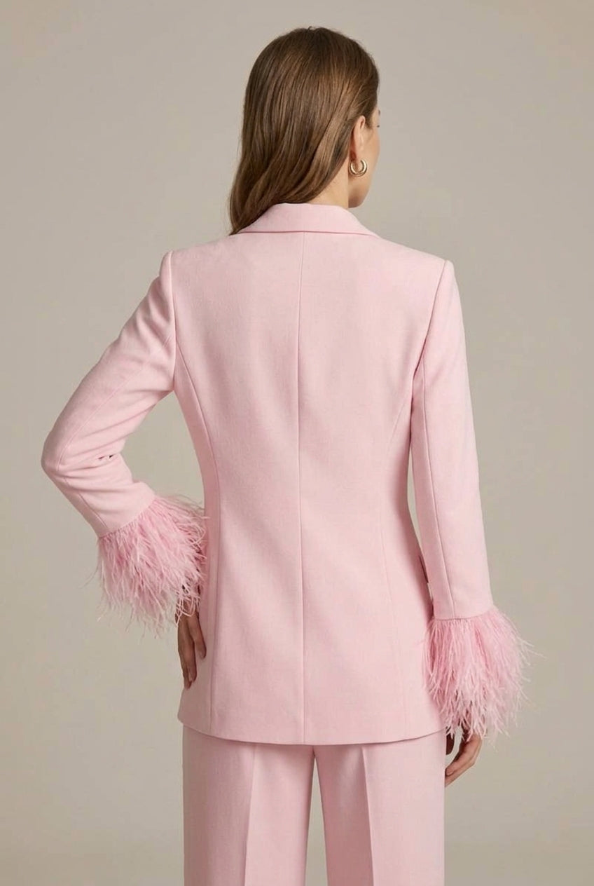 Women's Feather Cuff Blazer - Single Button - Straight Leg Trousers