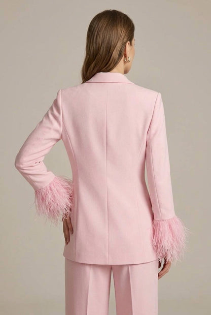 Women's Feather Cuff Blazer - Single Button - Straight Leg Trousers