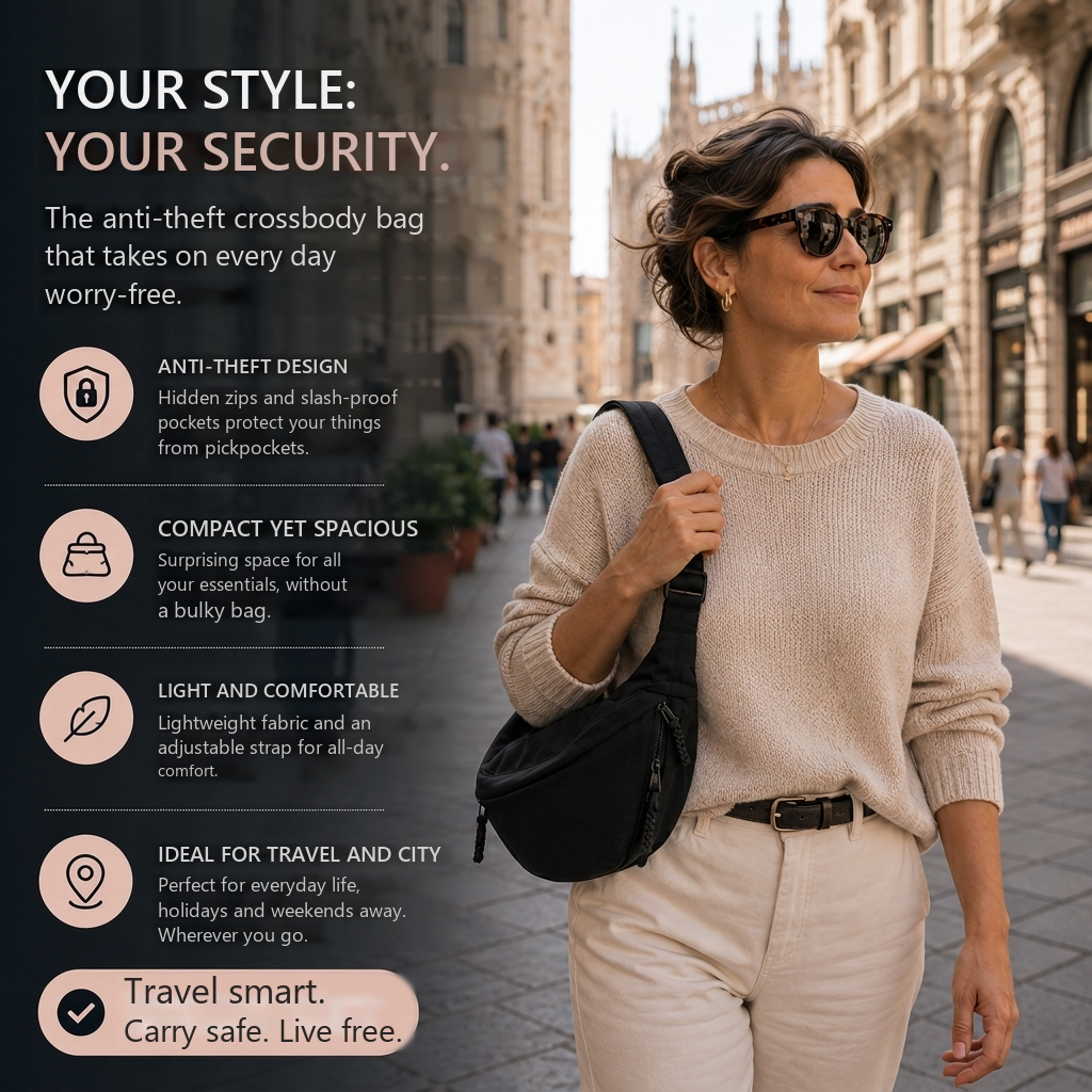 Anti-theft crossbody bag features