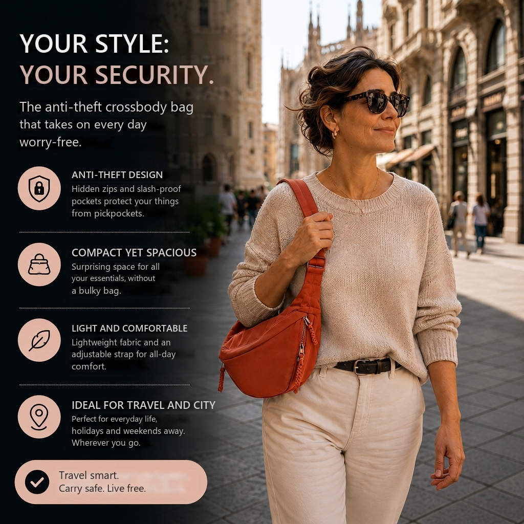 Anti-theft crossbody bag features