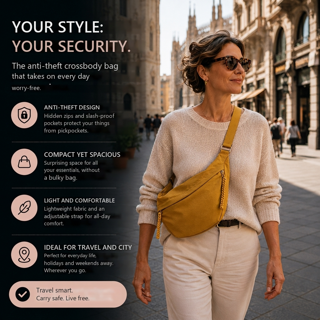 Anti-theft crossbody bag features