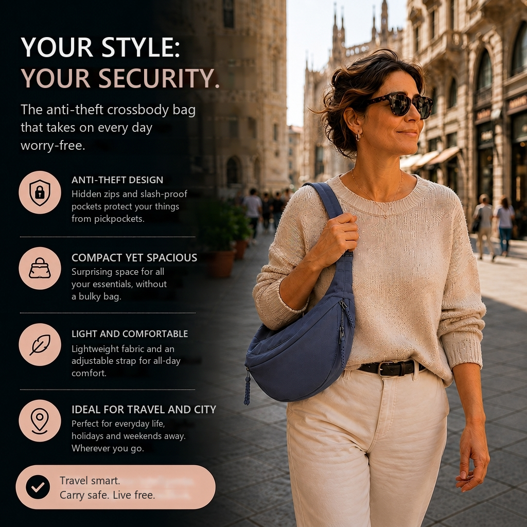 Anti-theft crossbody bag features