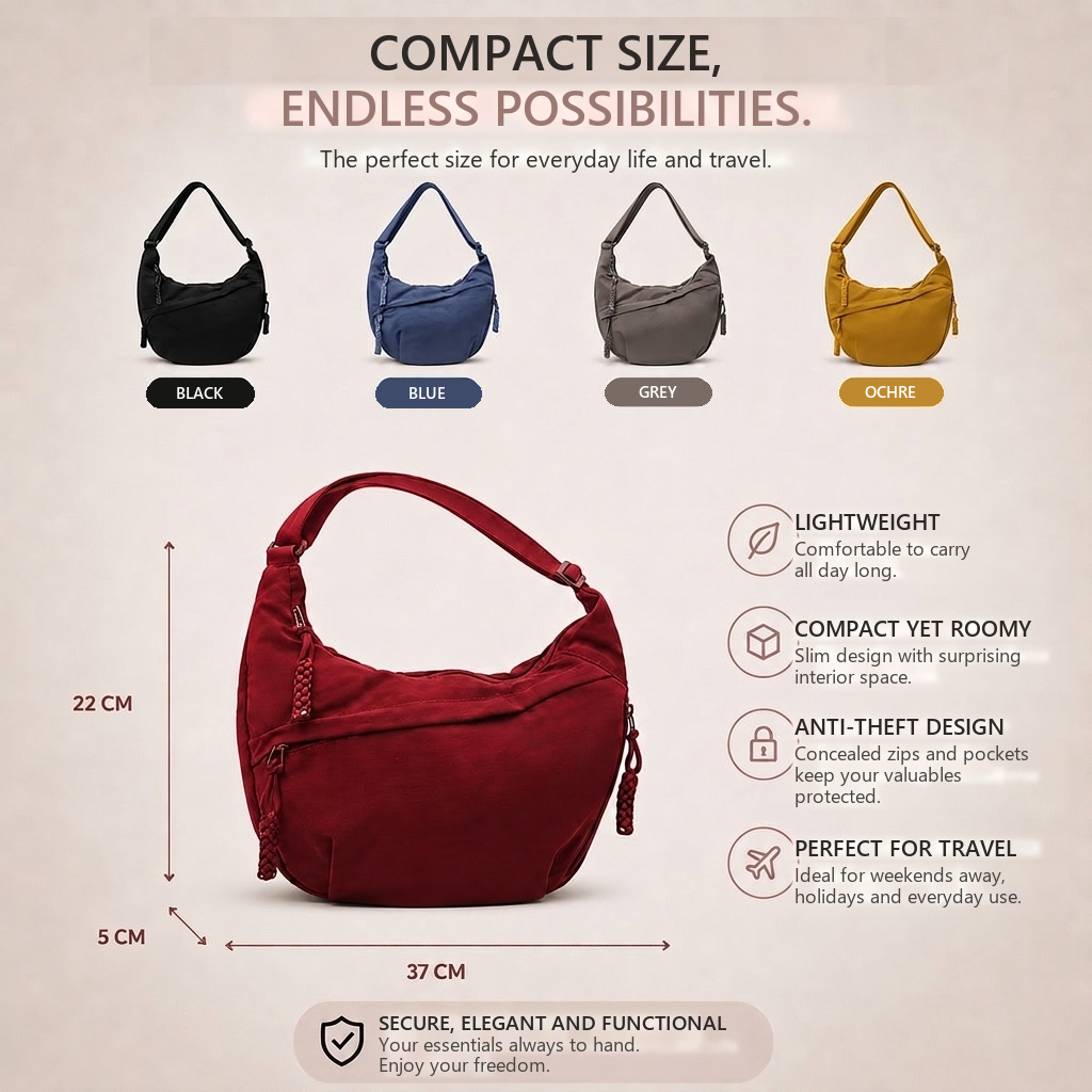 Crescent shoulder bag size guide and features