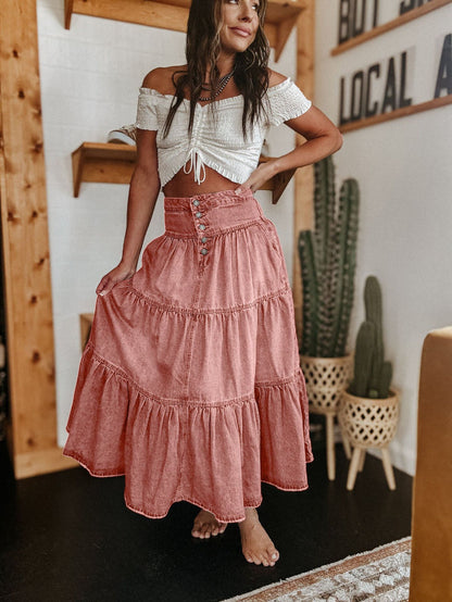 Women's Denim Tiered Maxi Skirt with Button Front and Raw Hem