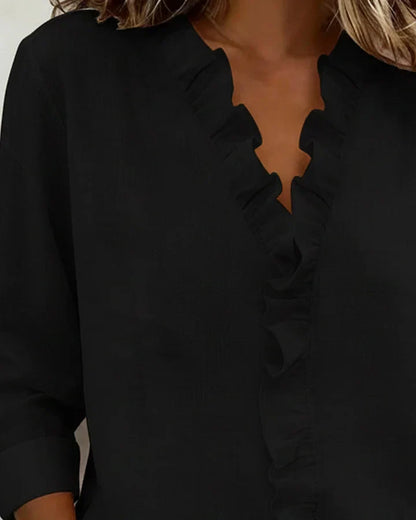 Indie | Blouse with Ruffles, V-Neck and Long Sleeves