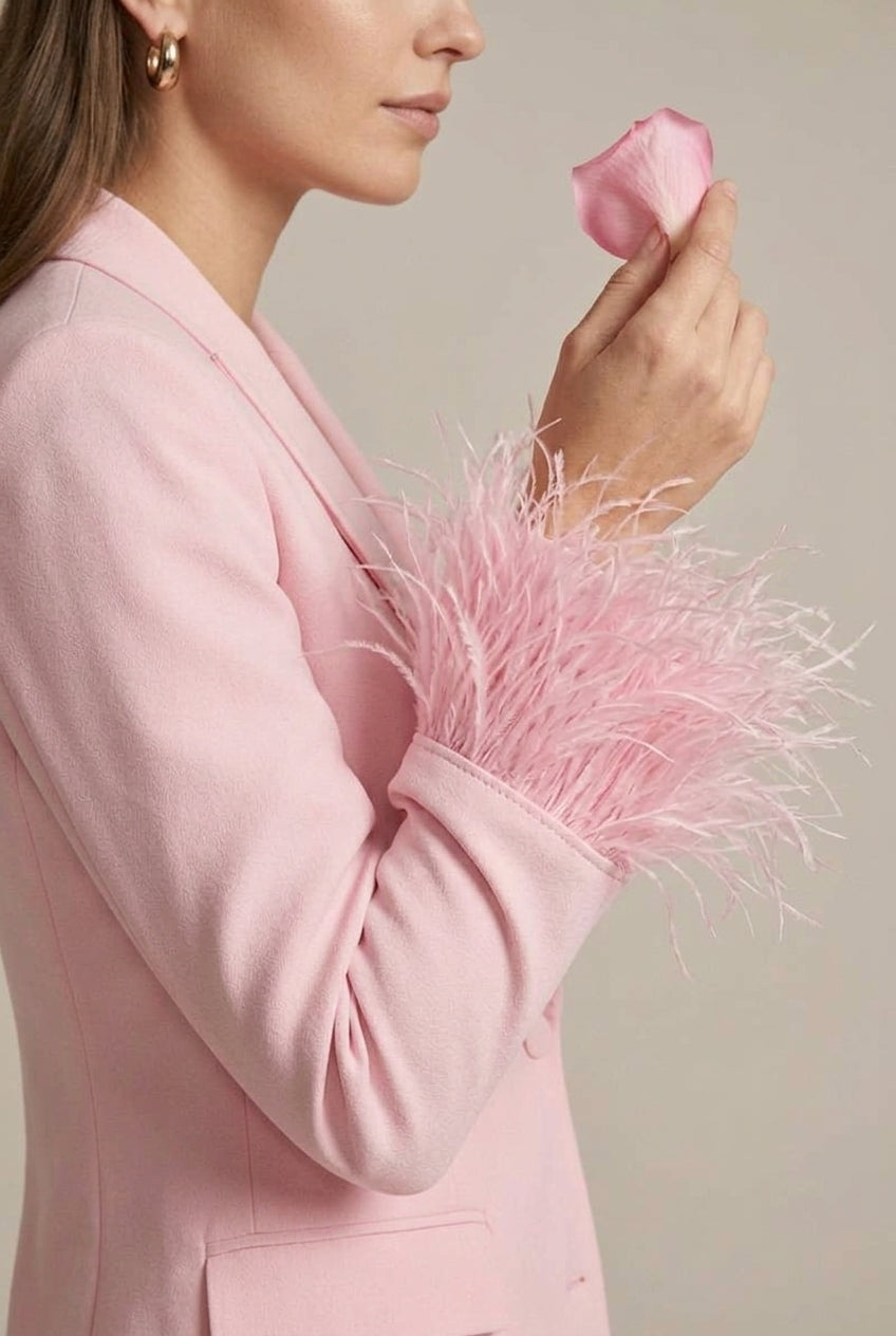 Women's Feather Cuff Blazer - Single Button - Straight Leg Trousers