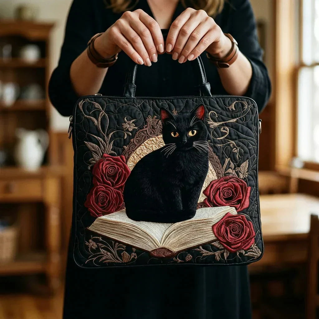 Handmade Quilted Bag – Black Cat on Books