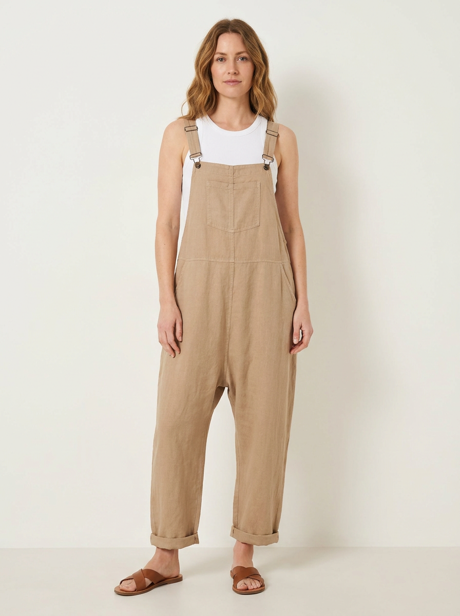 Beige linen dungarees, front view