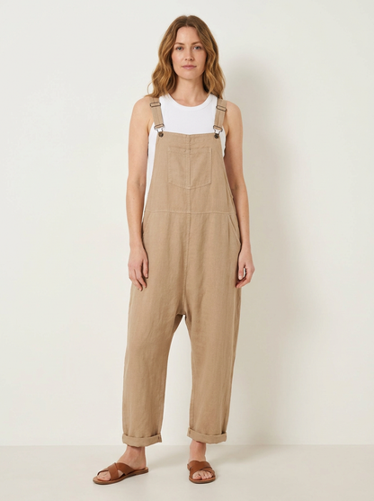 Beige linen dungarees, front view