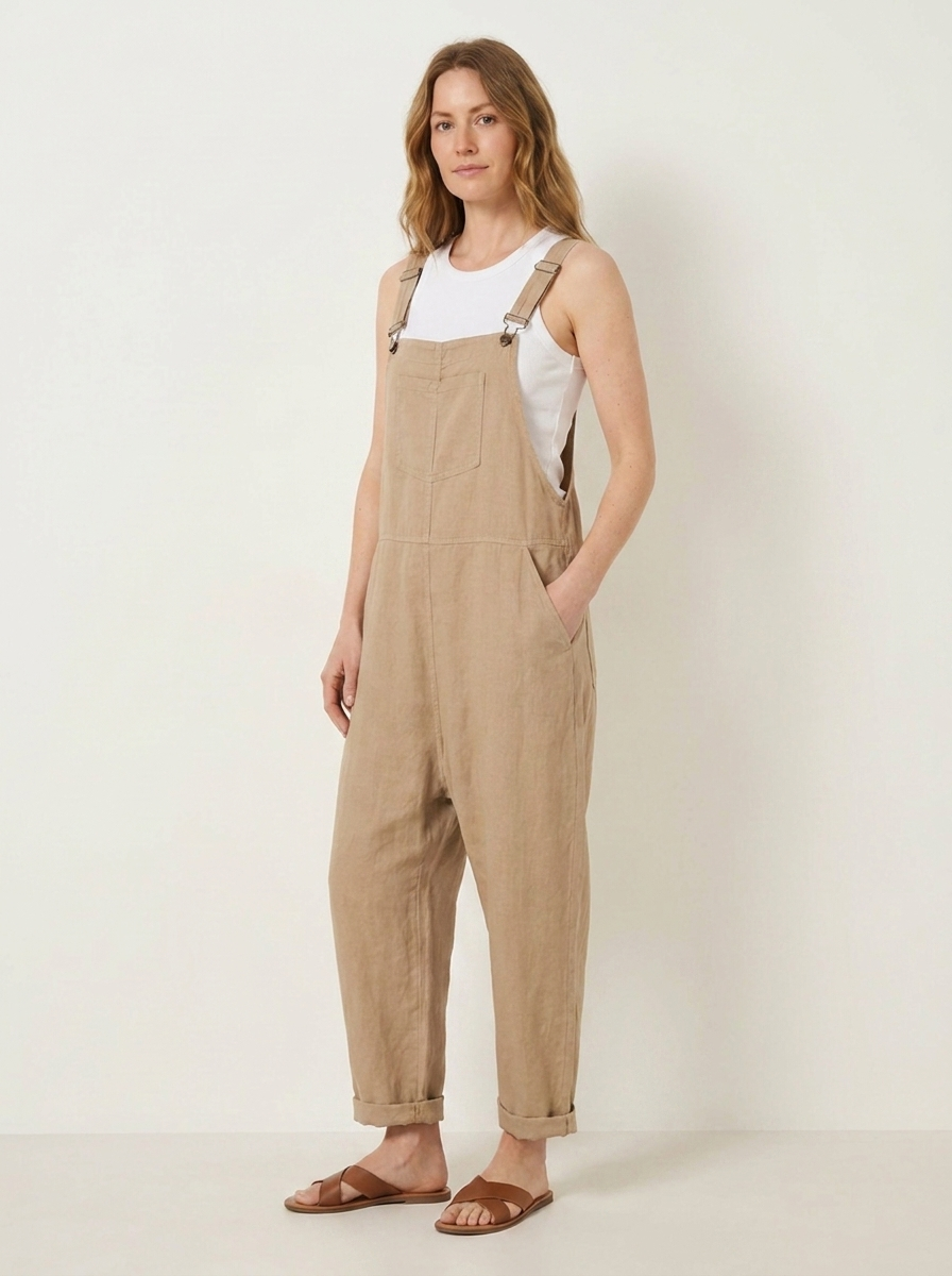 Beige linen dungarees, three-quarter view