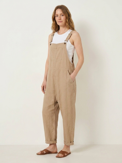 Beige linen dungarees, three-quarter view