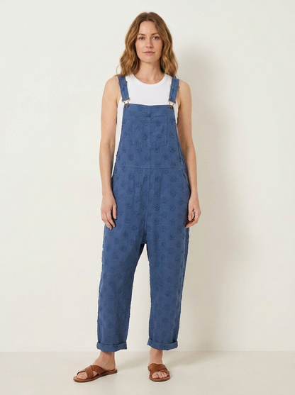 Blue linen dungarees, front view