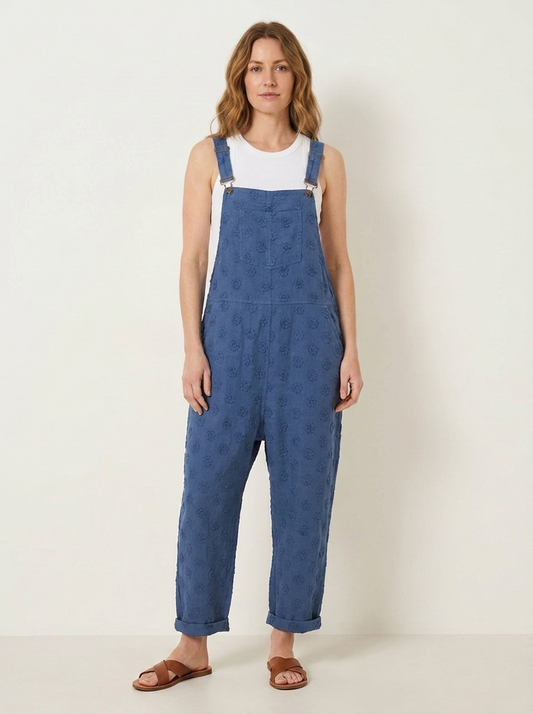 Blue linen dungarees, front view