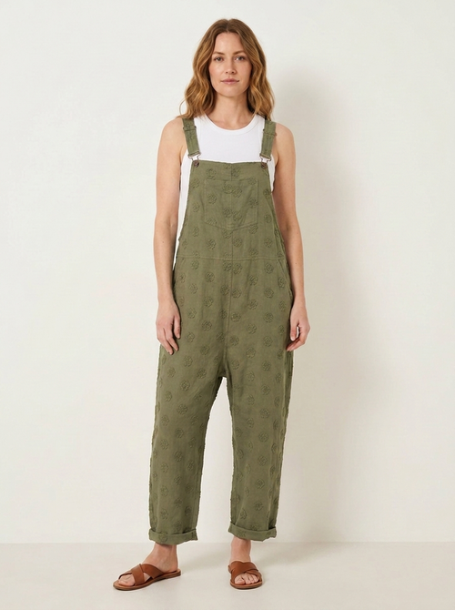 Green linen dungarees, front view