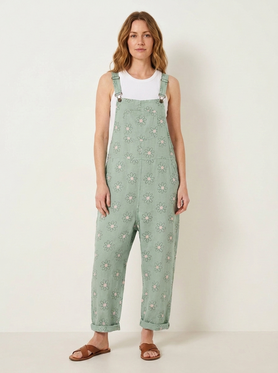 Mint daisy print linen dungarees, front view