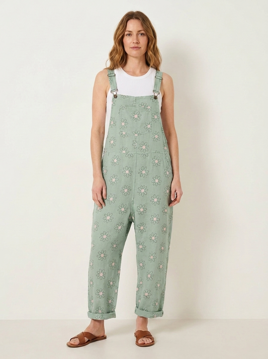 Mint daisy print linen dungarees, front view