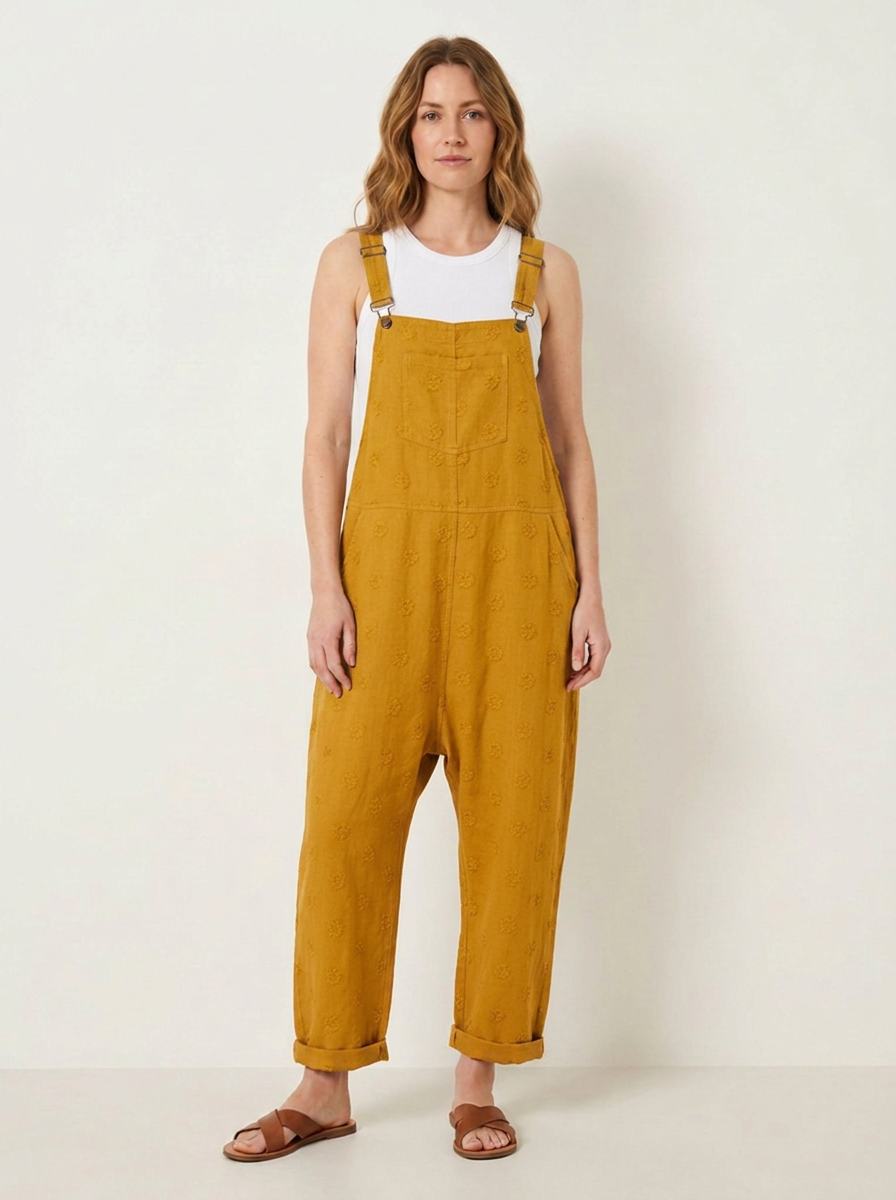 Yellow linen dungarees, front view