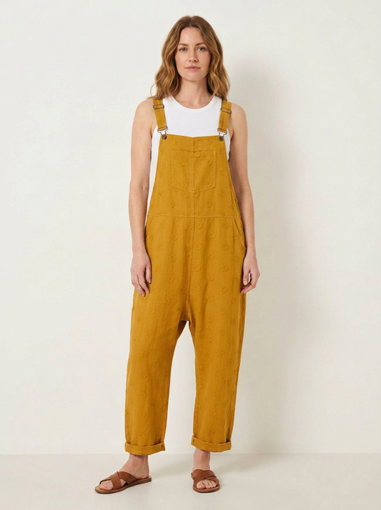 Yellow linen dungarees, front view