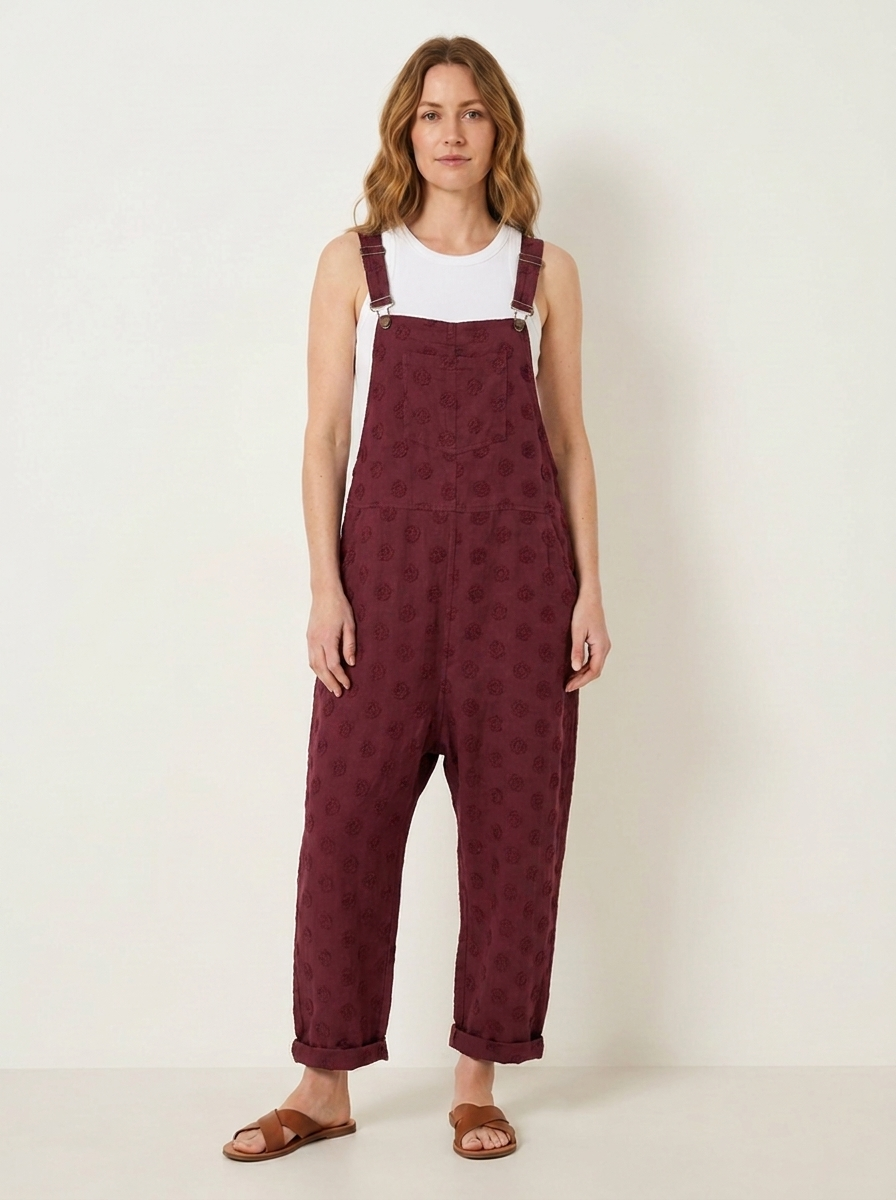 Burgundy linen dungarees, front view
