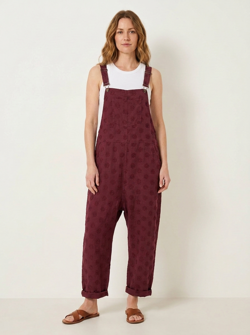 Burgundy linen dungarees, front view