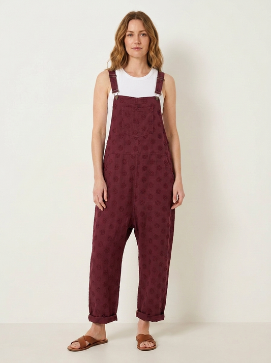 Burgundy linen dungarees, front view
