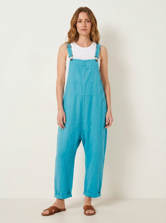 Turquoise linen dungarees, front view