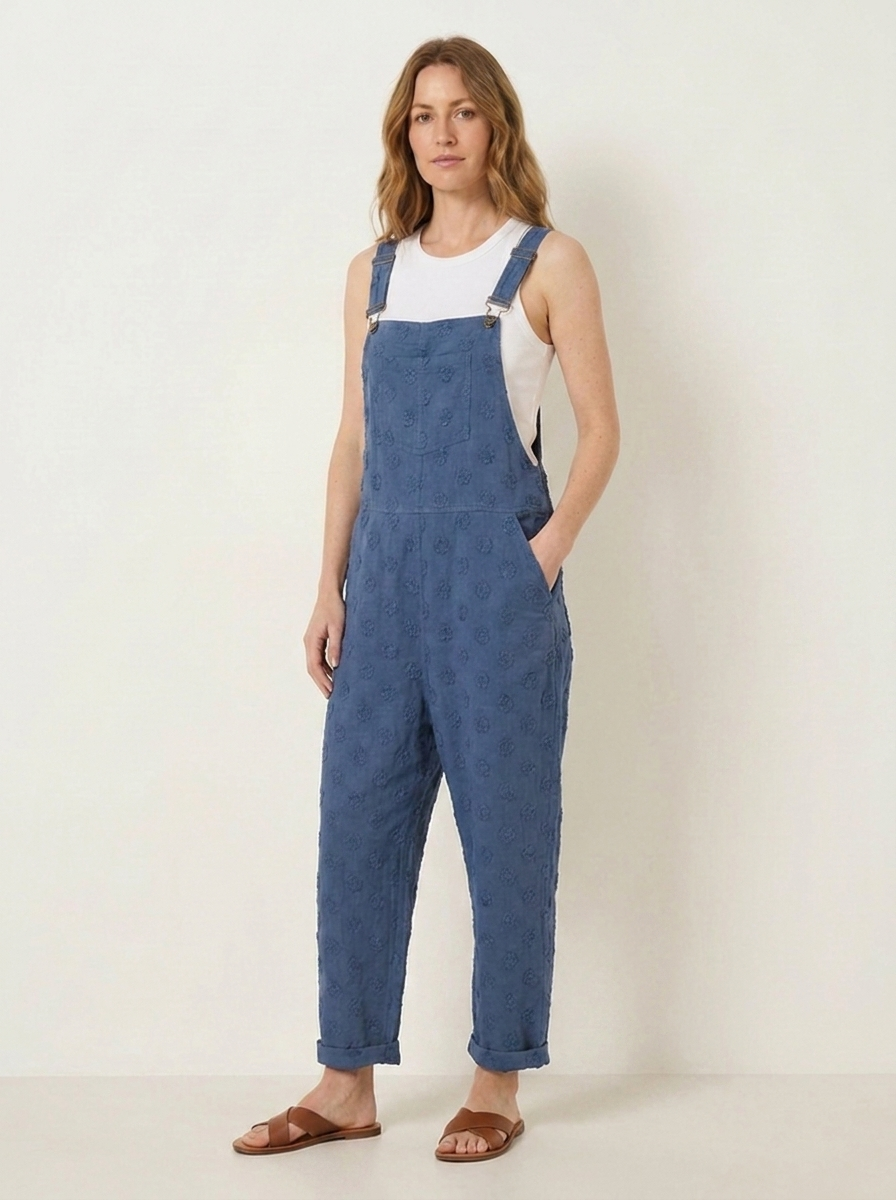 Blue linen dungarees, three-quarter view