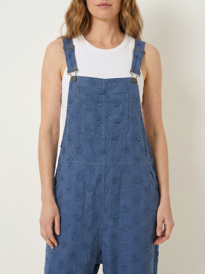 Blue linen dungarees, bib and strap detail
