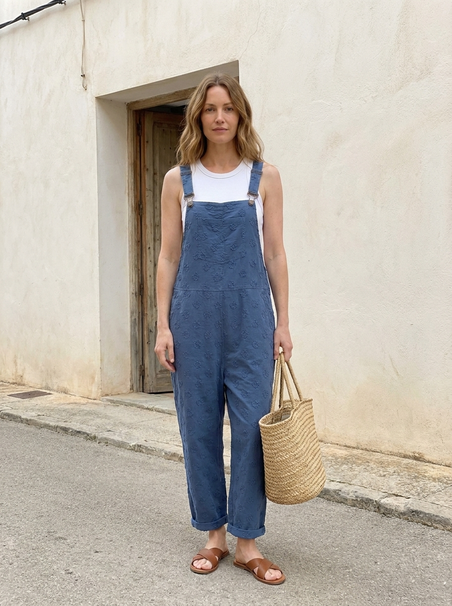 Blue linen dungarees worn outdoors