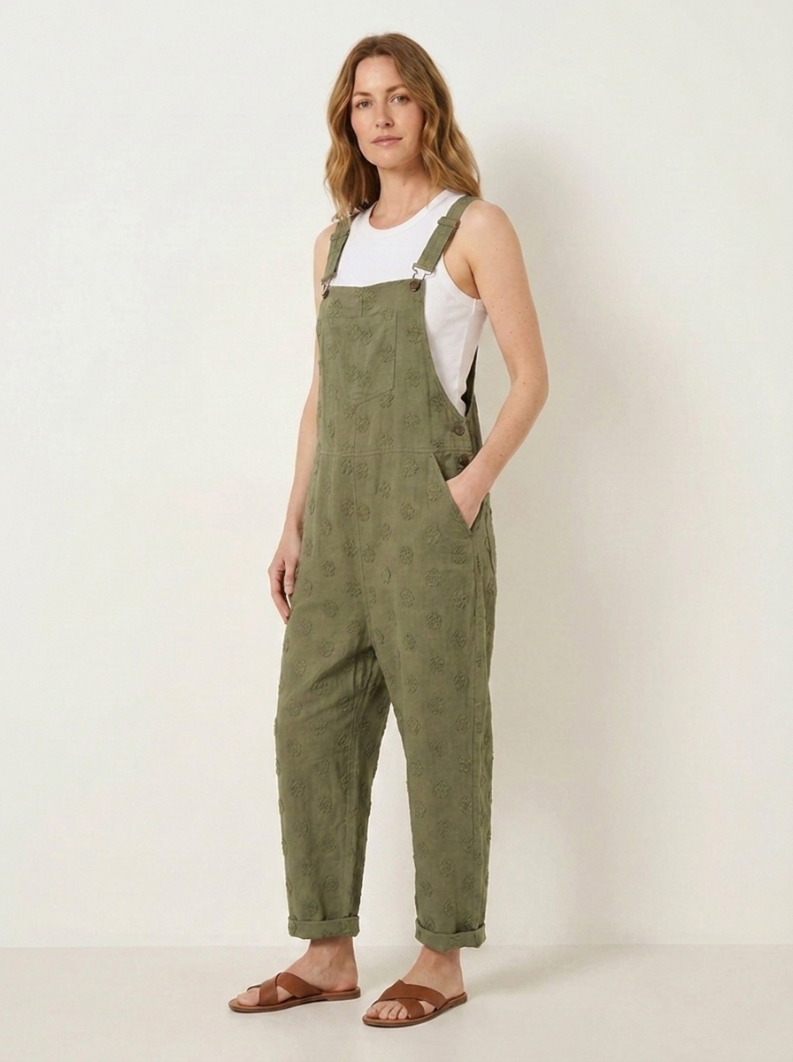 Green linen dungarees, three-quarter view