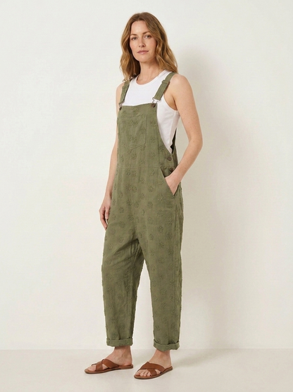 Green linen dungarees, three-quarter view