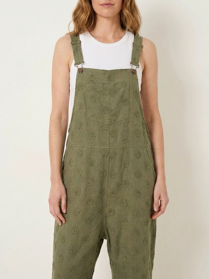 Green linen dungarees, bib and strap detail