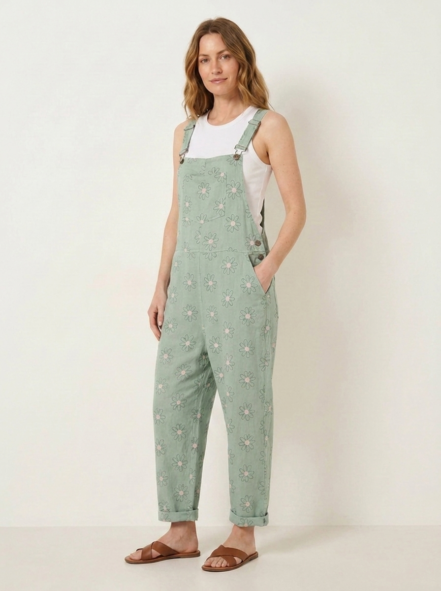 Mint daisy print linen dungarees, three-quarter view