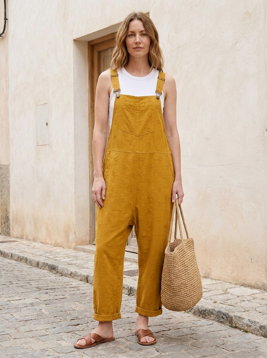 Yellow linen dungarees worn outdoors