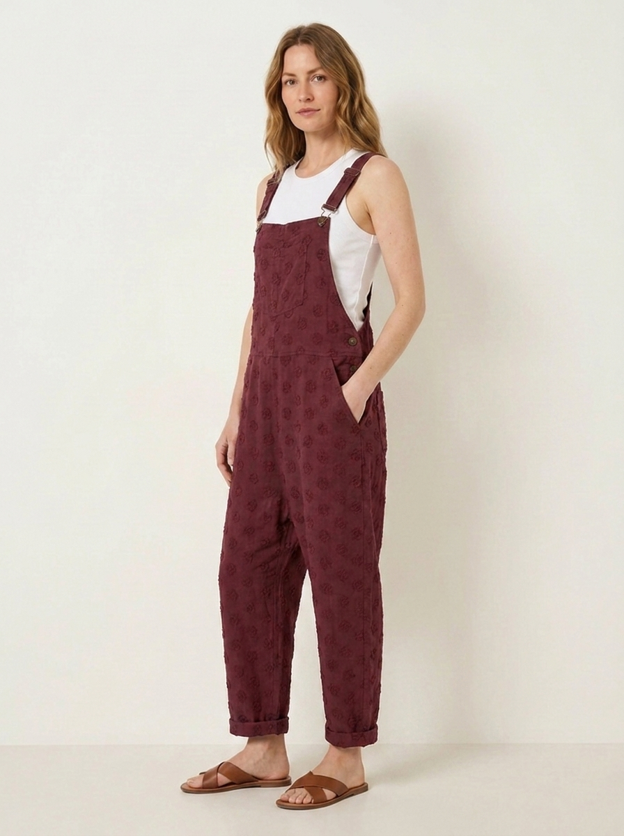 Burgundy linen dungarees, three-quarter view