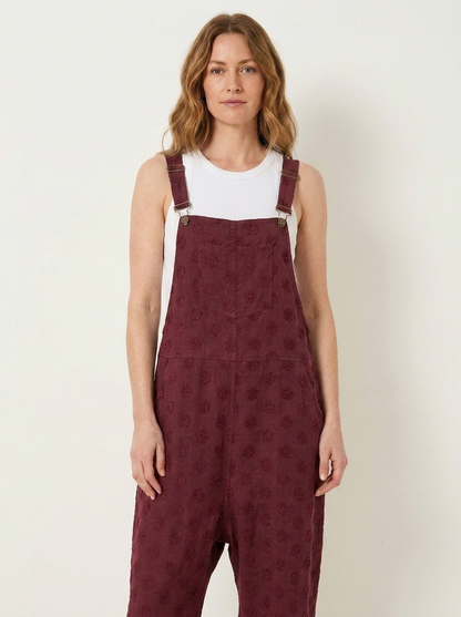 Burgundy linen dungarees, bib and strap detail