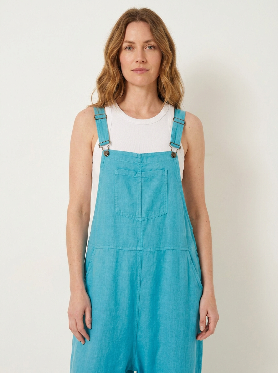 Turquoise linen dungarees, bib and strap detail