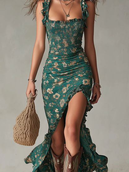 Capucine | Ruched bohemian maxi dress with floral print and side slit