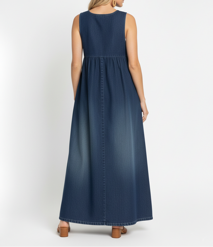 Karen | Vintage Washed Denim Long Dress with a Soft Cotton Touch