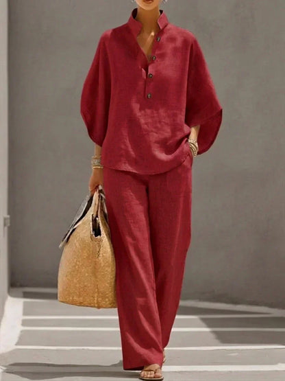 Sophie | Linen set with batwing sleeves and wide-leg pants