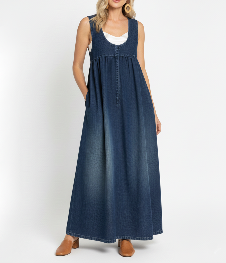Karen | Vintage Washed Denim Long Dress with a Soft Cotton Touch