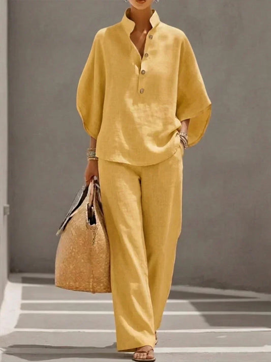 Sophie | Linen set with batwing sleeves and wide-leg pants