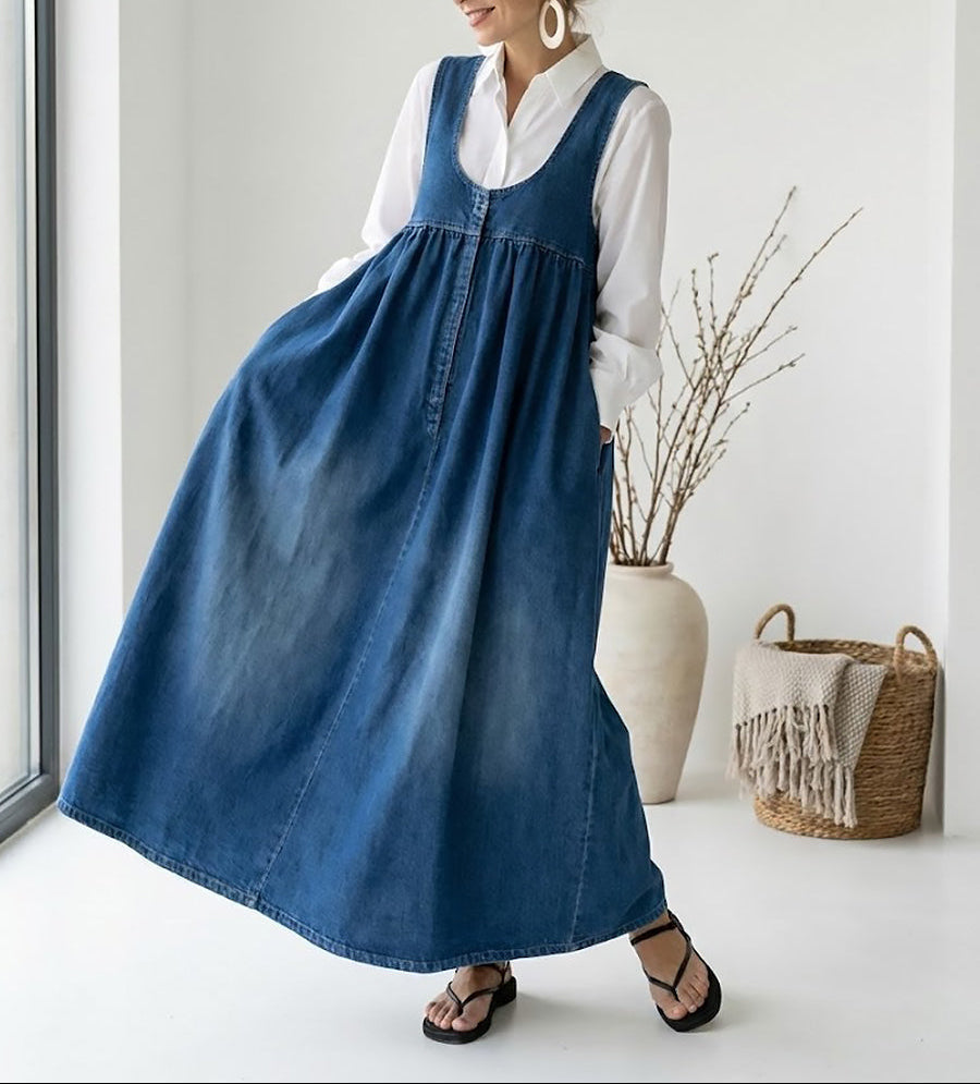Karen | Vintage Washed Denim Long Dress with a Soft Cotton Touch