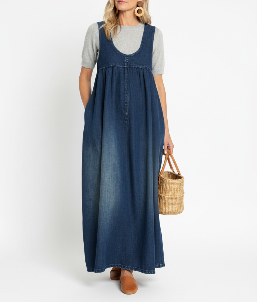 Karen | Vintage Washed Denim Long Dress with a Soft Cotton Touch