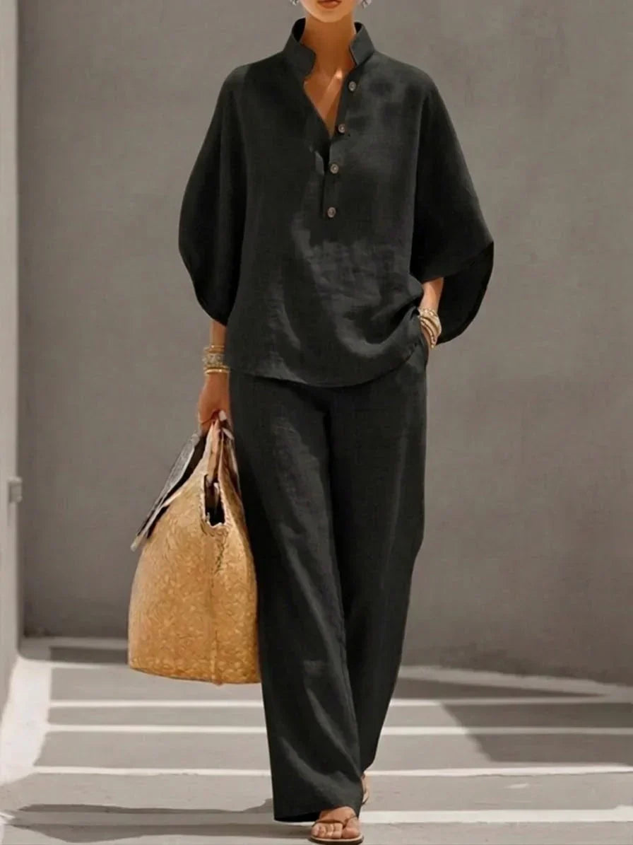 Sophie | Linen set with batwing sleeves and wide-leg pants